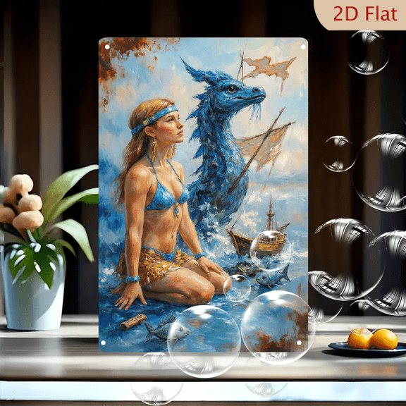 Serene Fantasy Ocean Art 8x12 Inches Metal Wall Decor Featuring Blonde Woman in Blue Bikini with Mythical Sea Dragon and Sailing Ships, Vibrant Oil Painting Style Home Decor for Living Room
