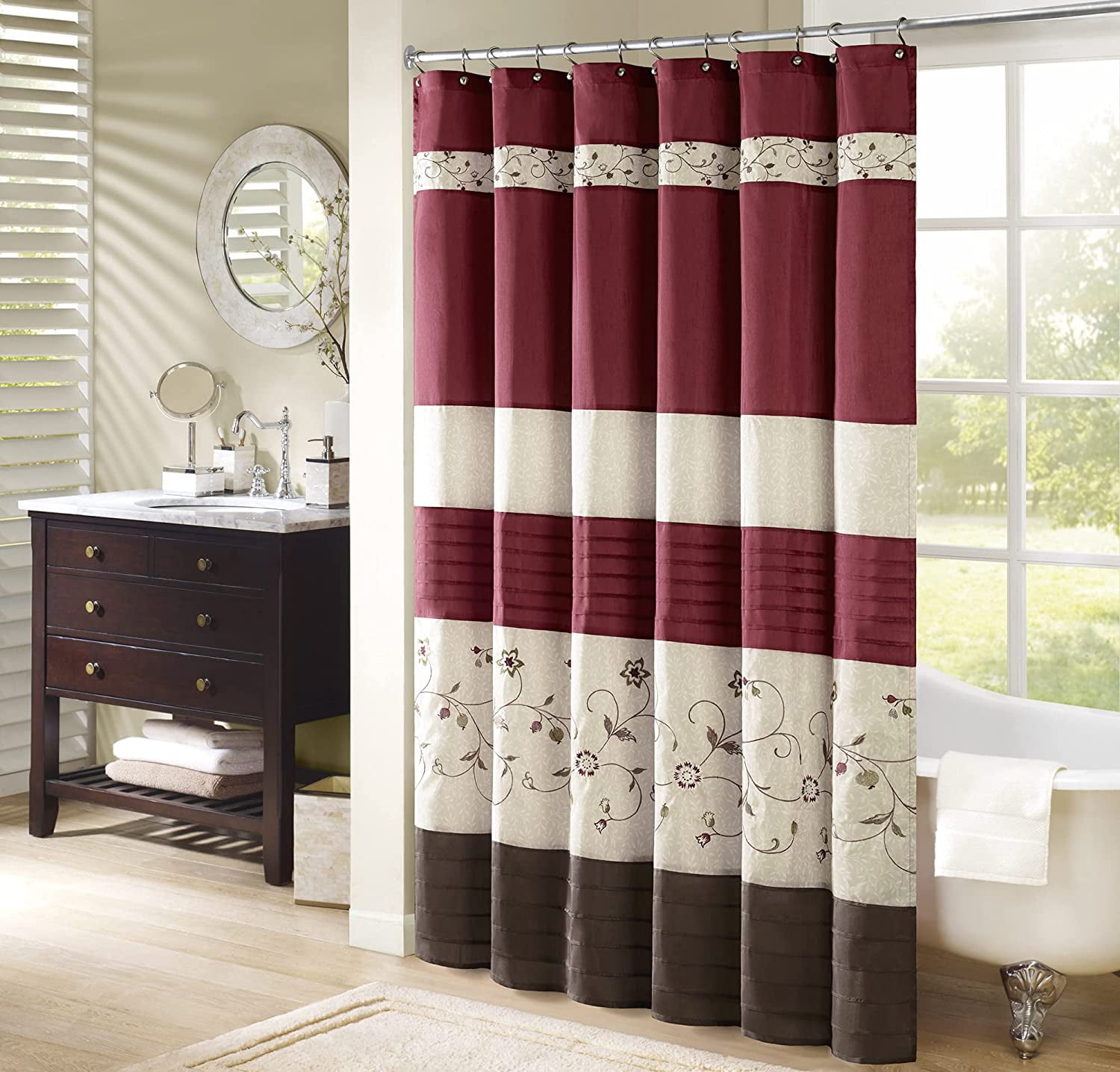 Red and Beige Faux Silk Embroidered Floral Shower Curtain