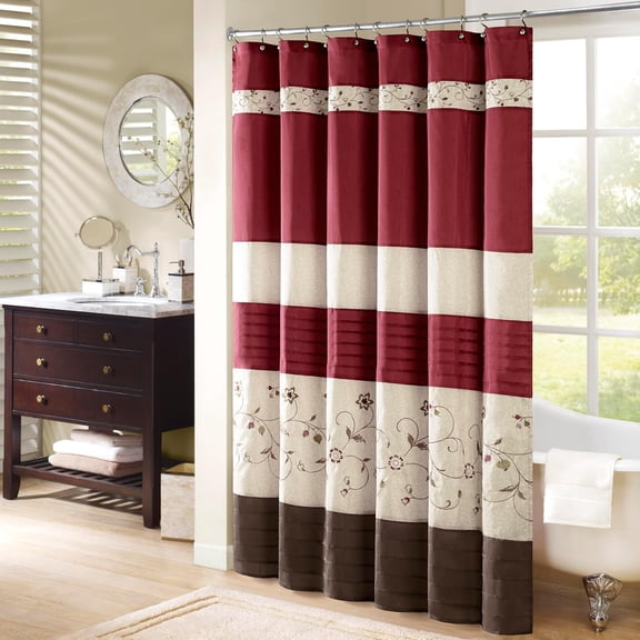Serene Flora Fabric Shower Curtain, mbroidered Transitional Shower Curtains for Bathroom, 72" x 72", Red