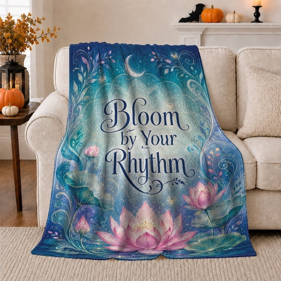 Serene Floral Bloom By Your Rhythm Lotus Moon, Cozy Typography Art Scene, Warm Flannel Blanket for Living Room and Reading Nook, Art Lovers Mother's Day Gift, Artistic Home Decor