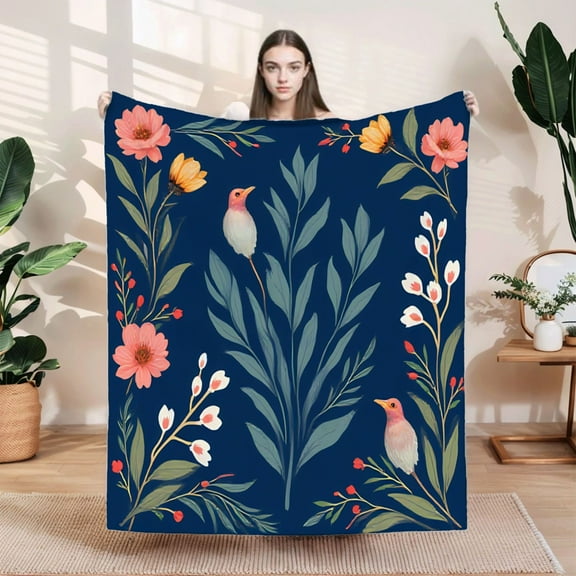 Serene Floral Design Flannel Blanket - Soft Cozy Throw for Sofa Travel Bed & Chair - Elegant Pink Flowers on Dark Blue Background