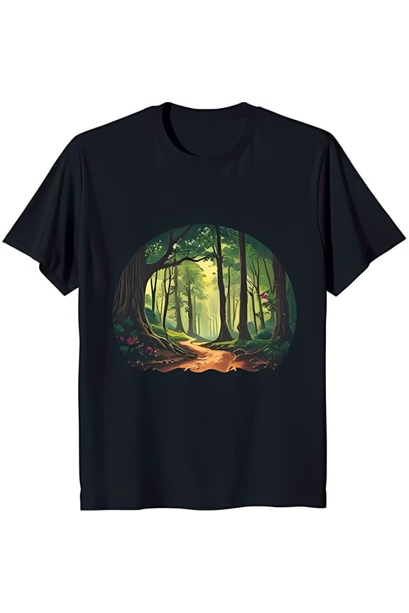 Serene Forest Graphic Black T-Shirt Nature Inspired Design with Sunlit Trees & Pink Flowers