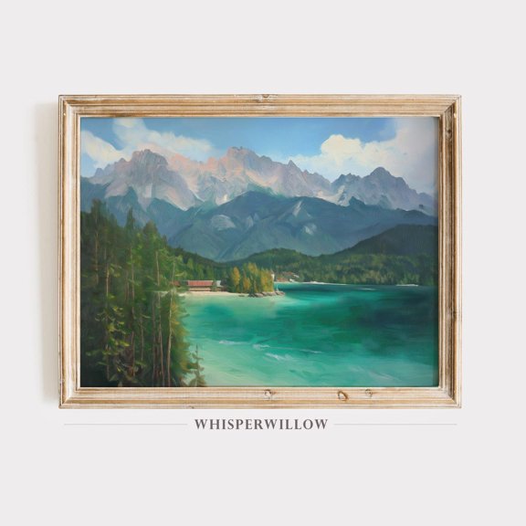 Serene Forest Mountain Lake,, Breathtaking Landscape, Majestic Alps Peaks, Turquoise Lake, Green Woods Unframed Paper Print