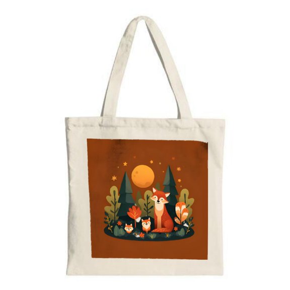 Serene Forest Night Tote Bag - Canvas Featuring a Majestic Orange Moon and Playful Foxes Perfect for Travel Parties & Shopping