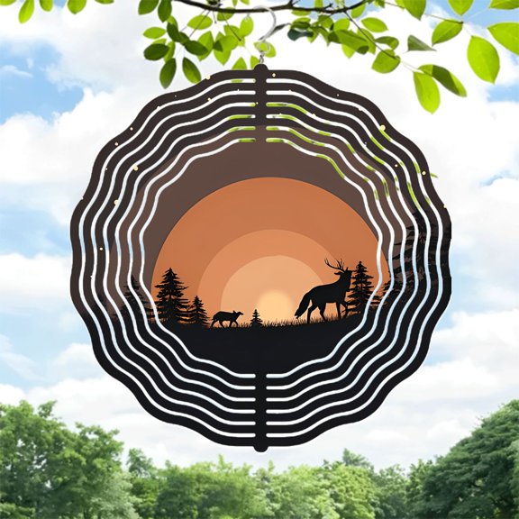 Serene Forest Scene Metal Wind Spinner - Deer & Wolf Cub Design Sunset Gradient Perfect for Yard & Garden Decor