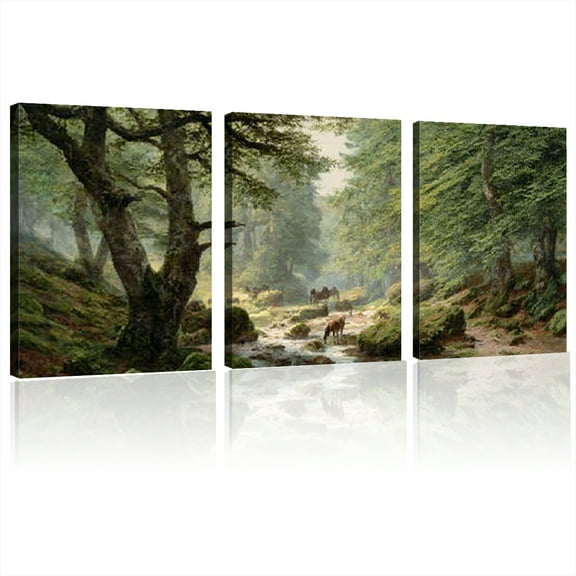 | Serene Forest Scenery Canvas Wall Art - Contemporary Landscape with Stream and Greenery Stretched Frame - Perfect for Living Room, Office, Dining &amp; Bedroom Decor 12*16inch*3pcs