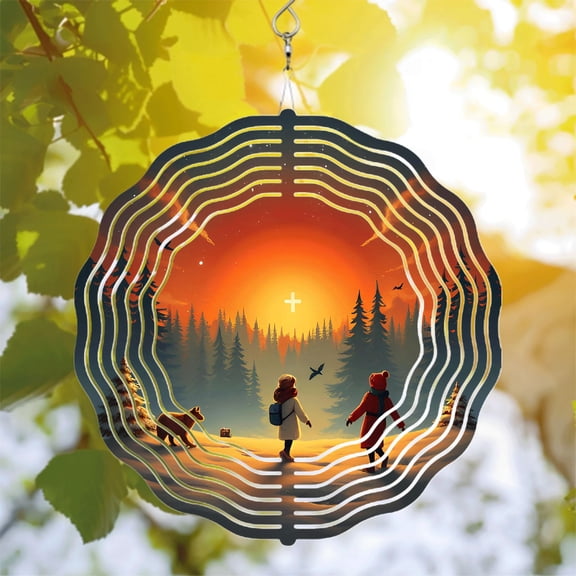 Serene Forest Sunset Metal Wind Spinner - Cross Design with Birds Perfect for Yard & Garden Decor Adds Depth & Beauty