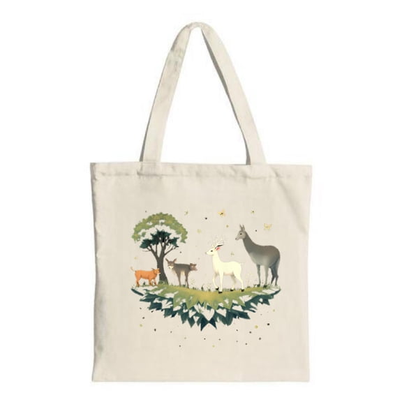 Serene Forest Tote Bag - Canvas Bag with White Goat Orange Fox & Brown Deer Design Perfect for Shopping Travel & Parties