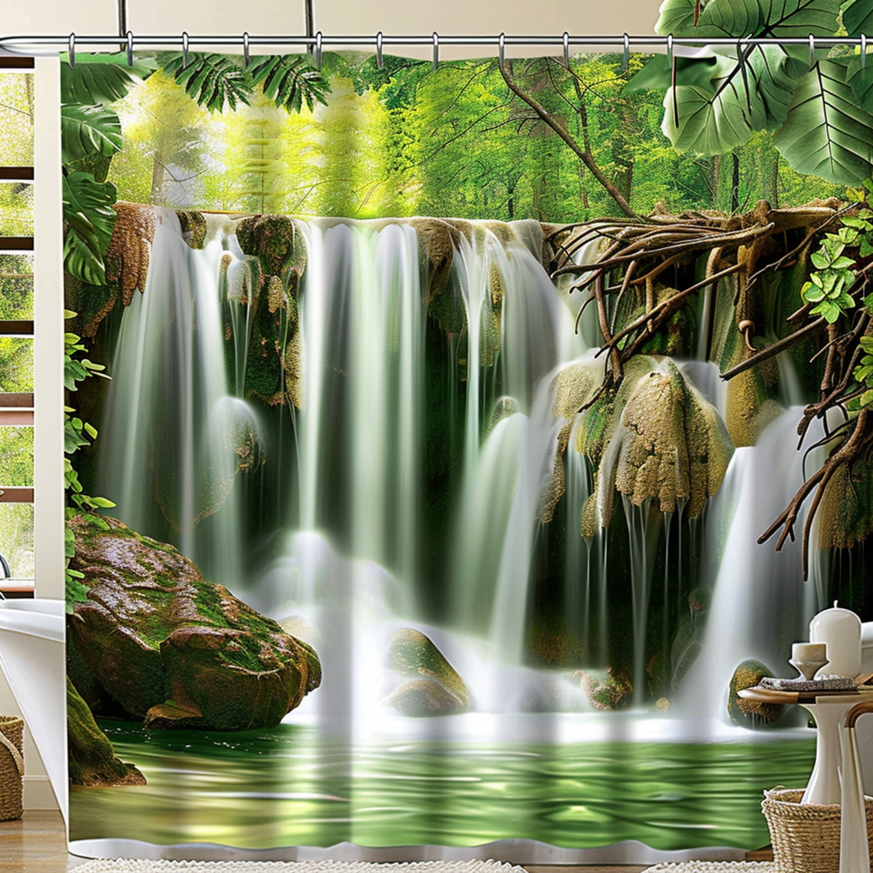Serene Forest Waterfall Shower Curtain Tranquil Nature Theme with Lush