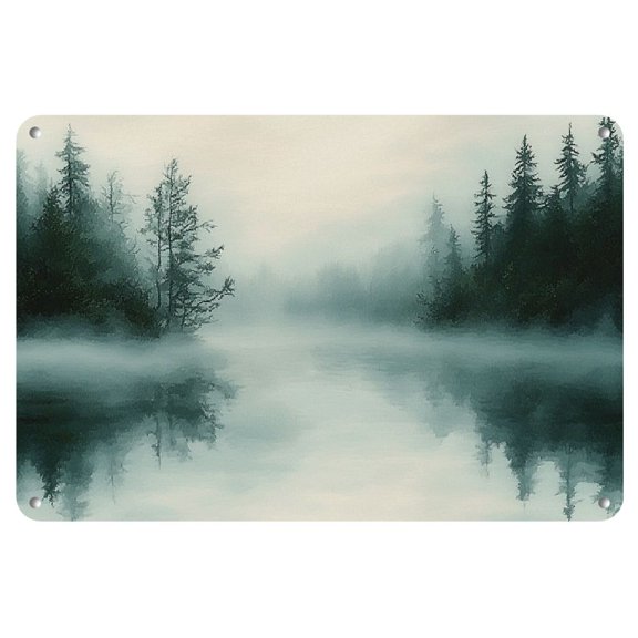 Serene Forest & Lake Reflection 12x8" Iron Wall Art - Rustic, Anti-Bending Metal Tin Sign for Tranquil Home Decor, Perfect for Living Room, Bedroom, Garden, Dining, Bar, Cafe