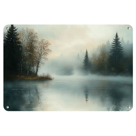 Serene Forest &amp; Lake Reflection 12x8" Iron Wall Art - Rustic Metal Tin Sign with Vintage Aesthetic for Home, Living Room, Bedroom, Garden, Dining, Bar, Cafe Decor, 2D, Perfect for Room Decor