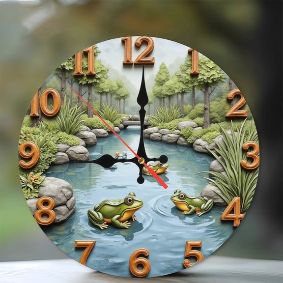 Serene Frog Pond Wall Clock, Rustic Garden Decor 10-Inch Silent Wooden Wall Clock, Battery Operated (AA Batteries Not Included), Artistic Home Decor