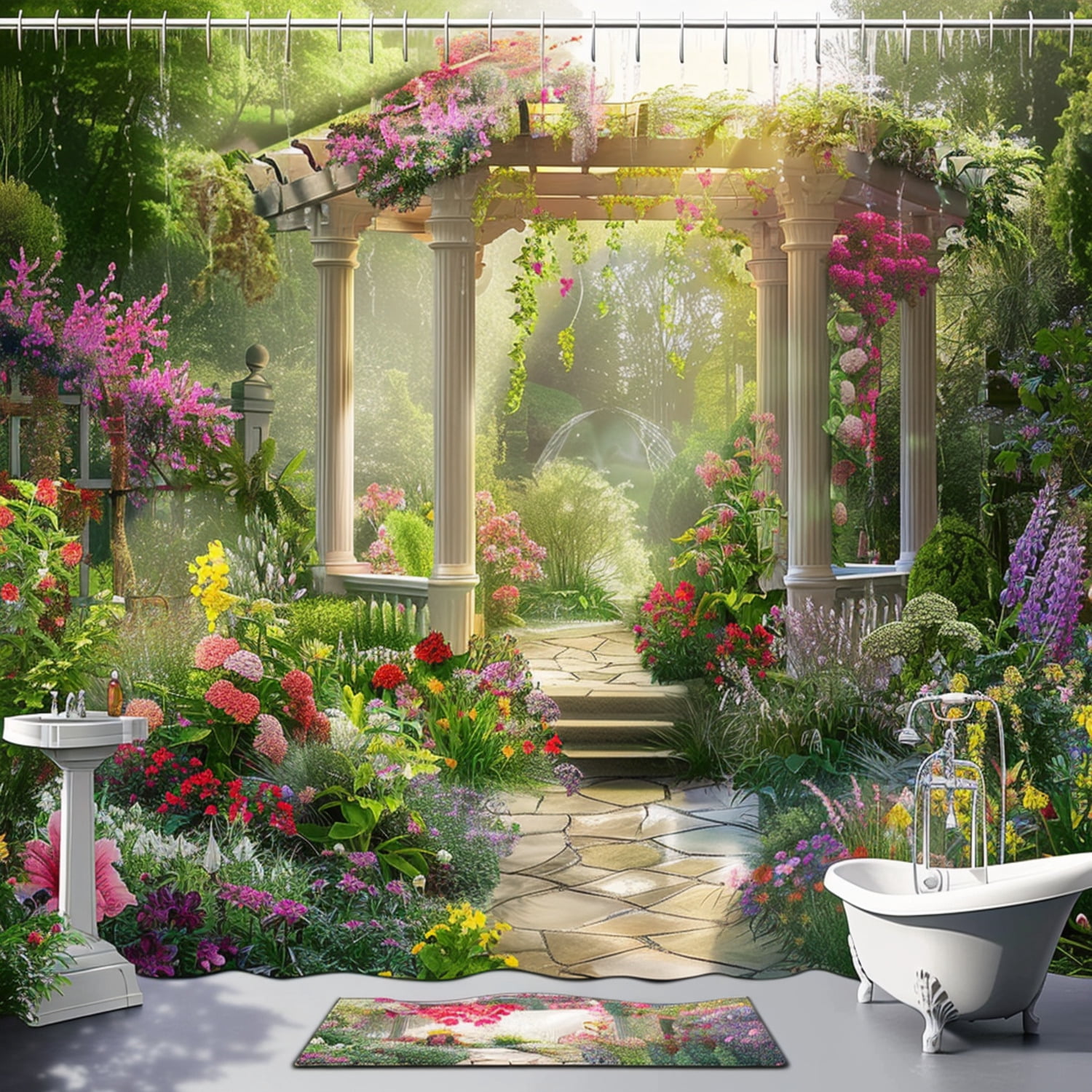 Serene Garden Oasis with Gazebo and Arched Bridge Bathroom Curtain ...