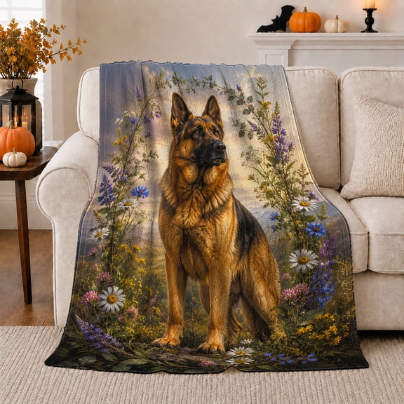Serene German Shepherd Lavender Meadow, Peaceful Pet Portrait Pattern, Warm Flannel Blanket for Living Room and Bedroom, Dog Lovers Just Because Gift, Pet Lover Home Decor