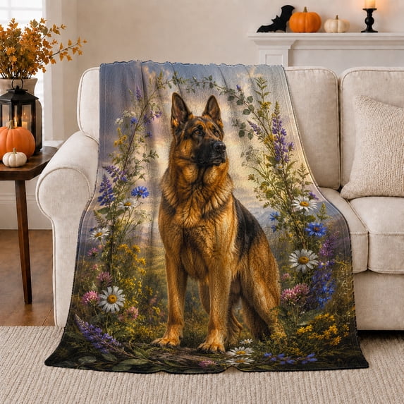 Serene German Shepherd Lavender Meadow, Peaceful Pet Portrait Pattern, Warm Flannel Blanket for Living Room and Bedroom, Dog Lovers Just Because Gift, Pet Lover Home Decor