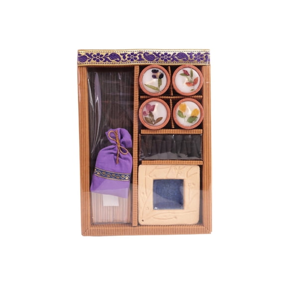 Serene Gift Set with 4 Pot Candles, Incense Sticks, Cones, and Potpourri for Relaxation