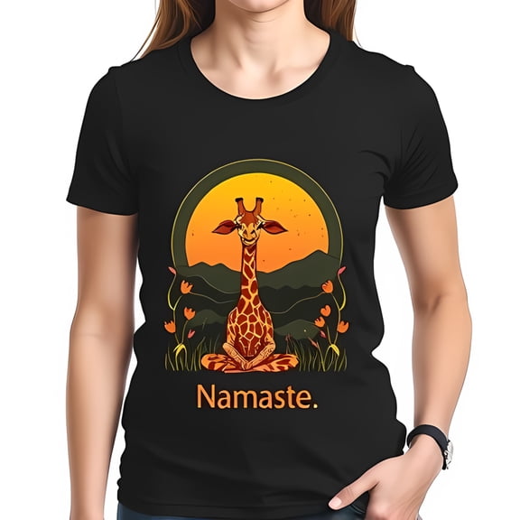 Serene Giraffe Yoga Cotton Short Sleeve T-Shirt - Sunset Illustration with Orange Flowers & 'Namaste' Design