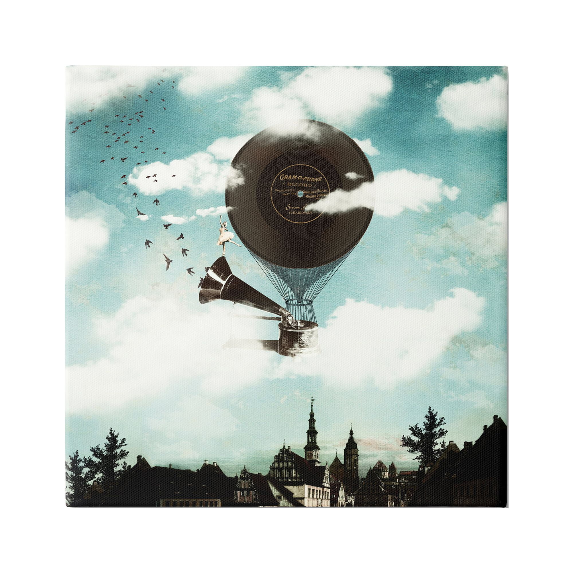 Serene Gramophone Flying Birds Clouds City Buildings Animals & Insects Painting Gallery-Wrapped Canvas Print Wall Art