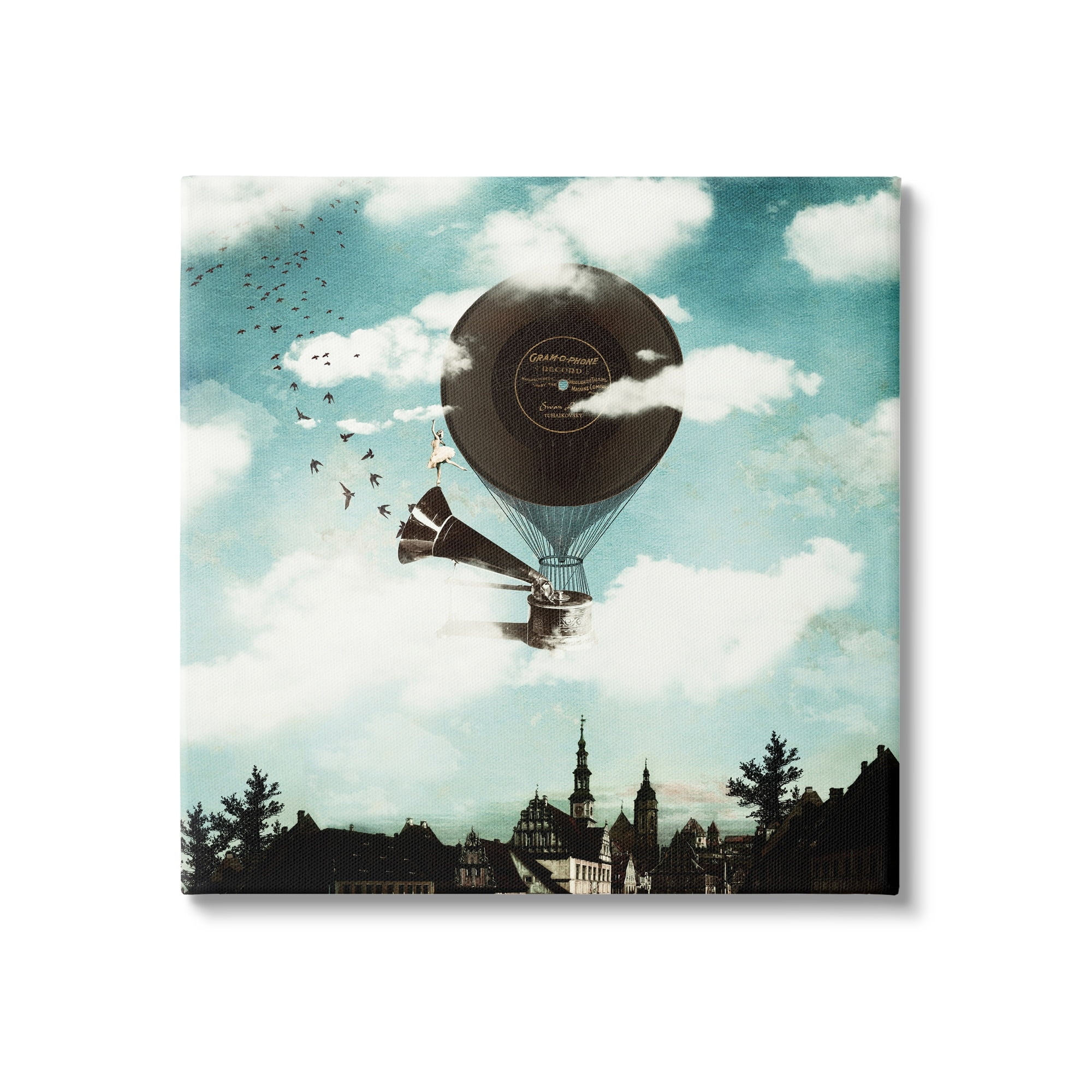 Serene Gramophone Flying Birds Clouds City Buildings Animals & Insects Painting Gallery-Wrapped Canvas Print Wall Art
