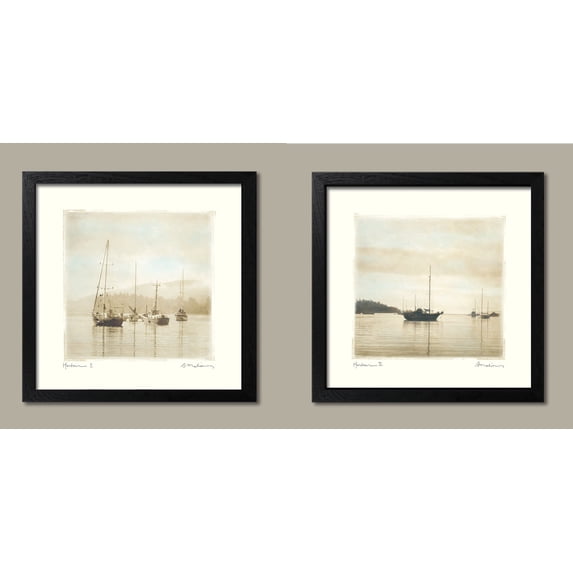 Serene Harbor Boat Photography Reproduction Set by Amy Melious; Coastal Décor; Two 12x12in Black Framed Prints