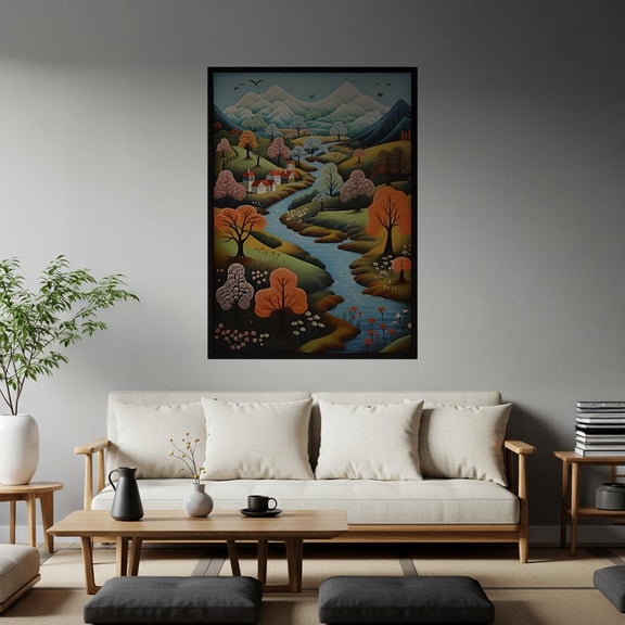 Serene Haven Folk Art Landscape Poster, Whimsical Nature Print, Peaceful Village Wall Art, Textured Tree Art, Calming Gift, Poster Only