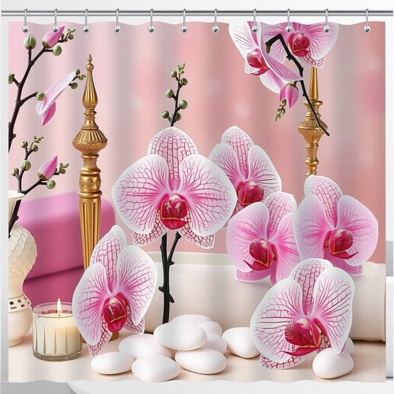 Serene -Inspired Shower Curtain with Pink Orchids & Golden