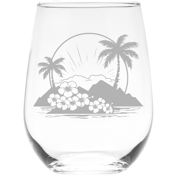 C&M Personal Gifts Serene Island Palm Trees Stemless Wine Glass - Tropical Theme