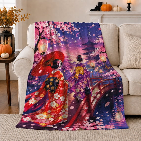 Serene Japanese Garden Night Scene Kimono Figures Tranquil, Cozy Friendship Quote Scene, Warm Flannel Blanket for Living Room and Reading Nook, Art Lovers Friendship Gift, Artistic Home Decor