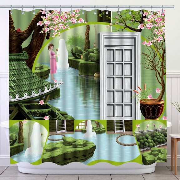 Serene Japanese Garden Shower Curtain - Whimsical Hot Spring , Pastel Colors, Tranquil Bathroom Decor