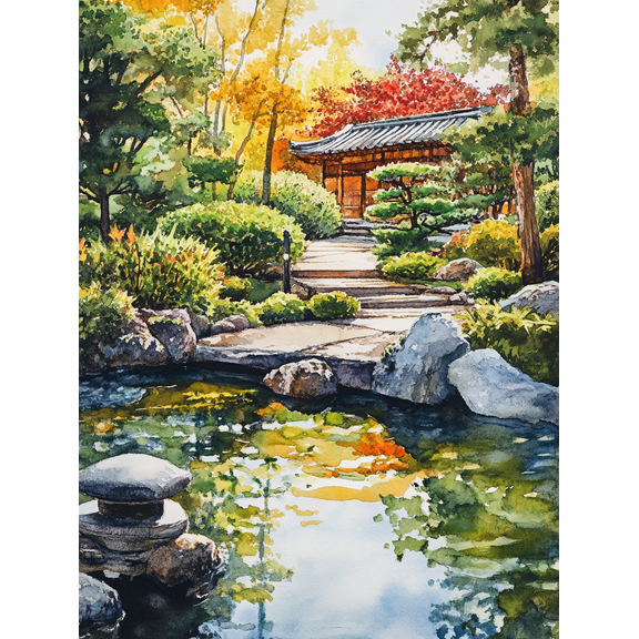 Serene Japanese Garden Watercolor Painting/Canvas Art Perfect for Living Room Bedroom Office Meditation Room and Foyer Decoration.
