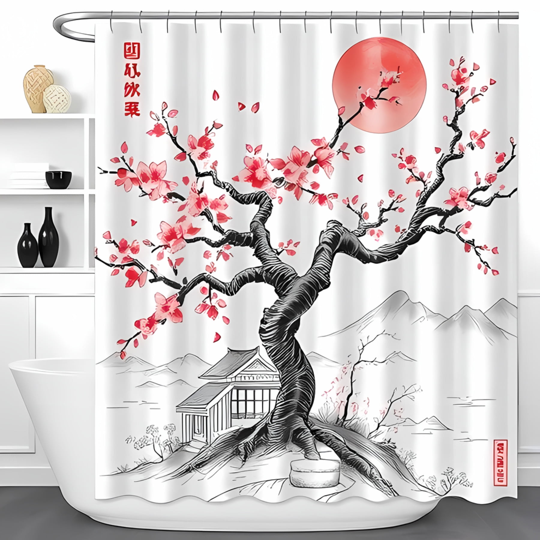 Serene JapaneseInspired Shower Curtain with Cherry Blossom Tree