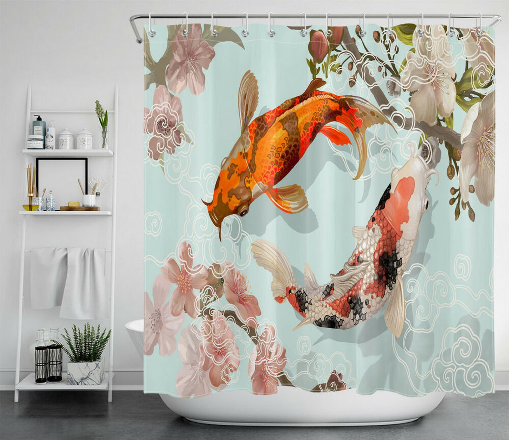 Serene Japanese Koi Pond Shower Curtain with Cherry Blossoms