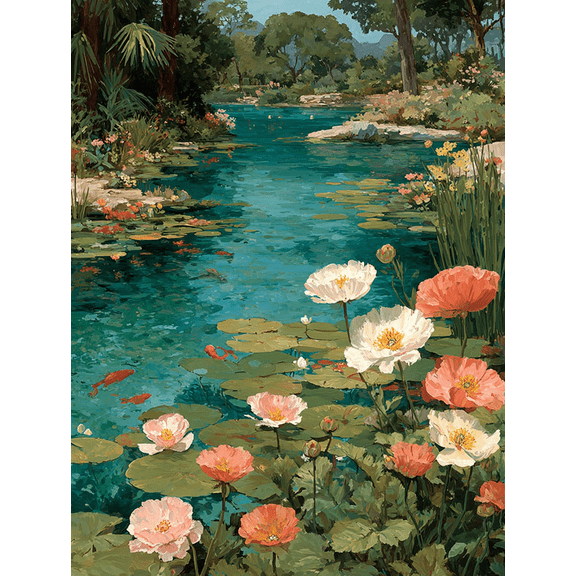 Serene Lake & Blooming Flowers Canvas Art, Elegant Polyester Painting for Living Room Hallway Decor