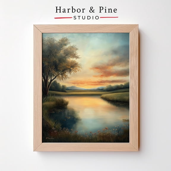 Serene Lake Sunset - Moody Landscape Art, Golden Reflections, Peaceful Nature Scene, Rustic Country Wall Decor, Print UNFRAMED Poster, Wall Art for Decor, Present, 12x18