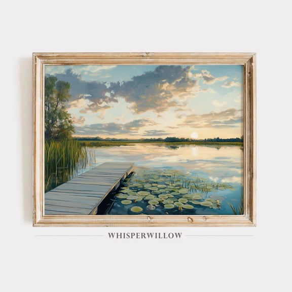 Serene Lake Sunset and Lily Pads, Wooden Dock Landscape, Cozy Countryside, Peaceful Lodge Decor Poster Decor, Size 8x12 UNFFRAMED F03.1.8l1761