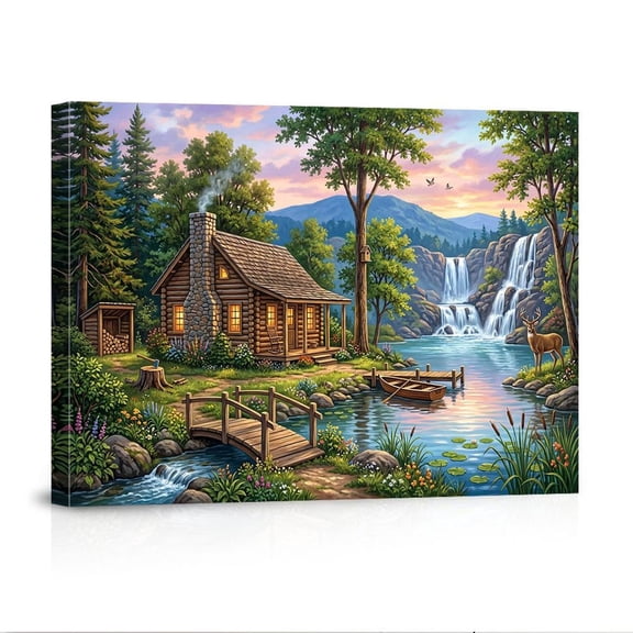Serene Lakeside Cabin Waterfall Landscape Nature Scenery For Rustic Tranquil Home Canvas
