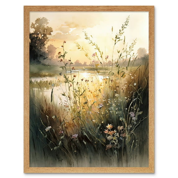 Serene Lakeside Landscape with Wildflowers at Dawn Modern Watercolour Painting Art Print Framed Poster Wall Decor 12x16 inch