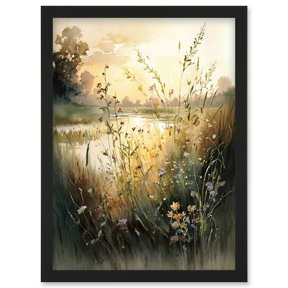 Serene Lakeside Landscape with Wildflowers at Dawn Modern Watercolour Painting Artwork Framed Wall Art Print A4