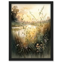 Serene Lakeside Landscape with Wildflowers at Dawn Modern Watercolour Painting Artwork Framed Wall Art Print A4