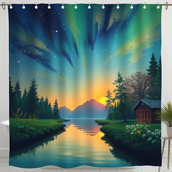Serene Lakeside Sunset Shower Curtain Vibrant Design with Rustic Cabin & Trees