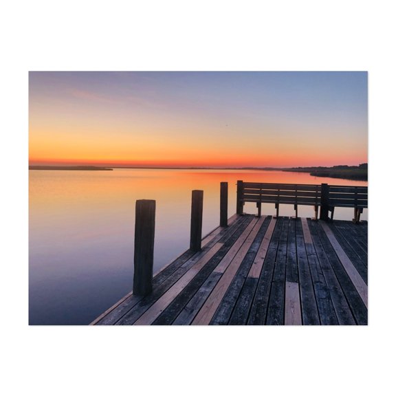 Serene Lakeside Sunset with a Wooden Dock - Duck North Carolina Photography Sunset Lake Boardwalk Scenic Water Nature Seascape Unframed Wall Art Print 4 x 6 inches