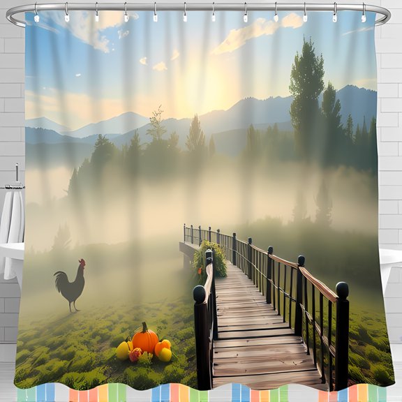 Serene Landscape Shower Curtain - Green Fields Wooden Bridge Rooster Pumpkin & Apples Design - Perfect for Nature Lovers