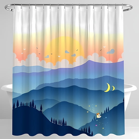 Serene Landscape Shower Curtain - Rolling Hills Sunset Sky Silhouetted Trees & Design - Dreamy Home Decor