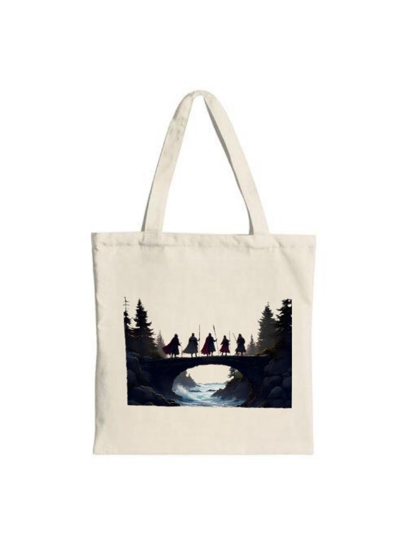 Serene Landscape Tote Bag - Canvas Multifunctional Reusable Shopping Bag with Stone Bridge & Pine Tree Design Perfect for Travel & Parties