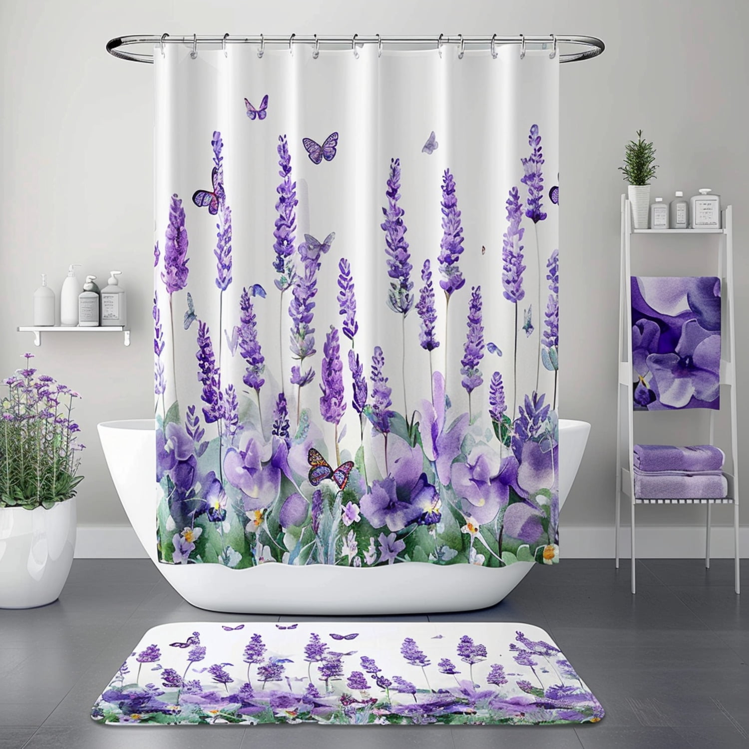 Serene Lavender Bliss: Floral Shower Curtain Set with Butterflies ...