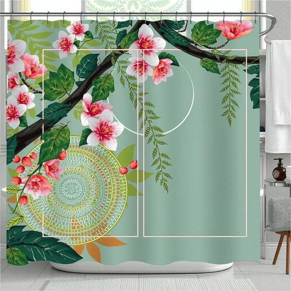 Serene Light Green Shower Curtain with Pink Flowers & Green Leaves