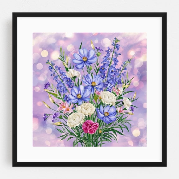 Serene Lilac Blooms Bouquet - Painting Floral Flowers Botanical Pastel Garden Nature Black Framed Wall Art Print 12 x 12 inches