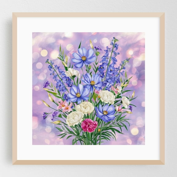 Serene Lilac Blooms Bouquet - Painting Floral Flowers Botanical Pastel Garden Nature Oak Framed Wall Art Print 20 x 20 inches