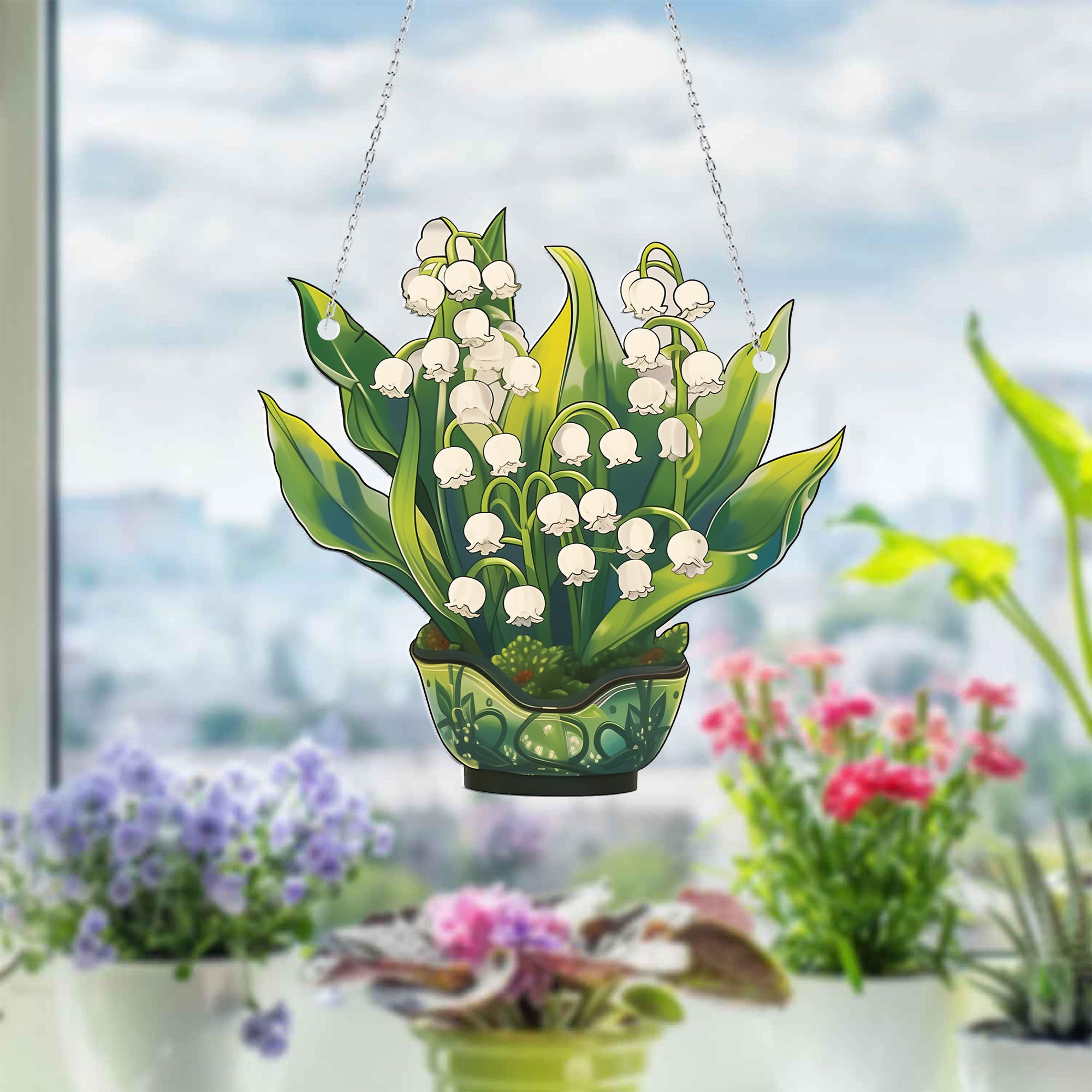 Serene Lily of the Valley Planter Acrylic Window Hanging Stained