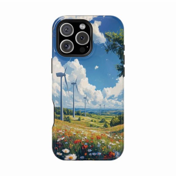 Serene Meadow Wind Turbines Spring Flower Field Case with iPhone 17 to 11 Pro Max